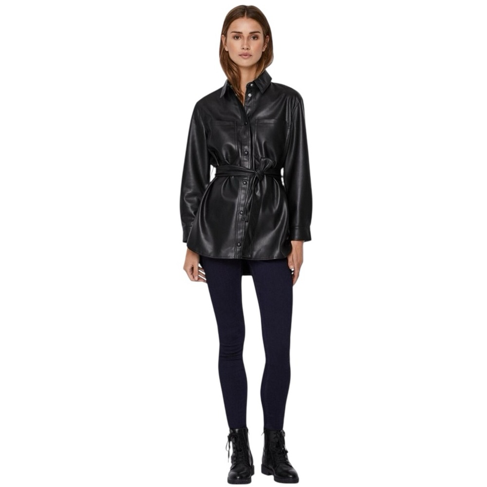 Vero Moda Oversized Vegan Belted Leather Shirt in Black Size L EUC